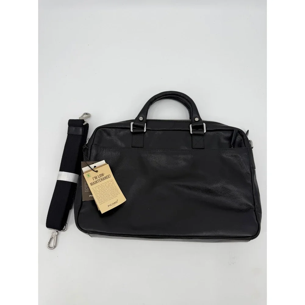 Picard Black Leather Briefcase Slim Laptop Bag Made in Europe NWT